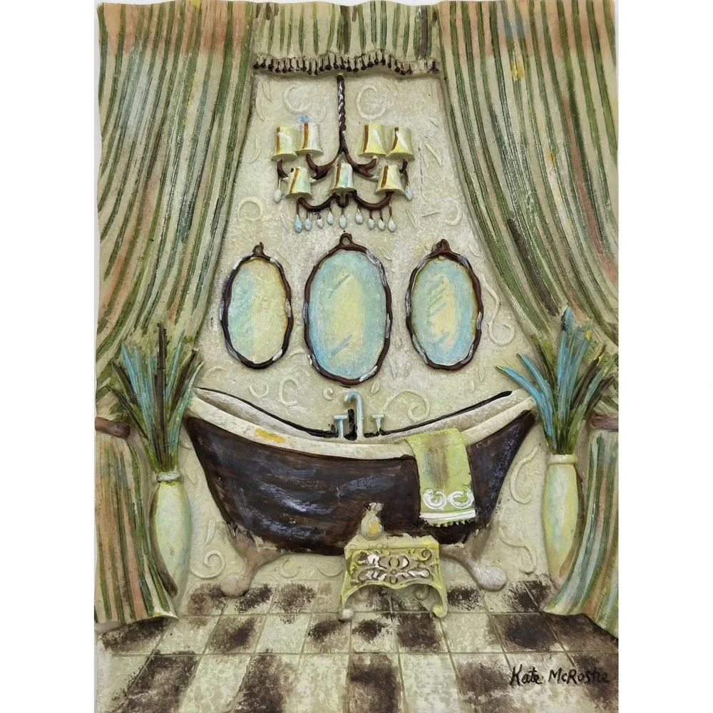 Kate McRostie Bathroom Wall Plaque Art Clawfoot Tub Resin‎ Shabby Chic Signed